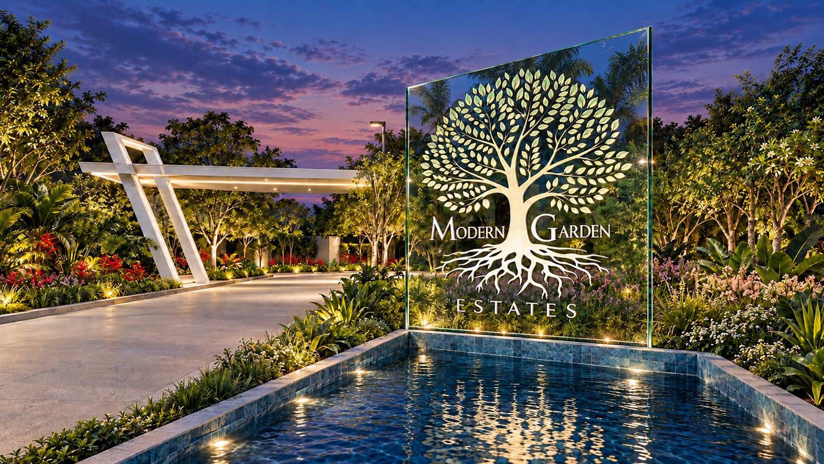The Modern Garden Estates entrance at dusk, with a water feature and the tree logo