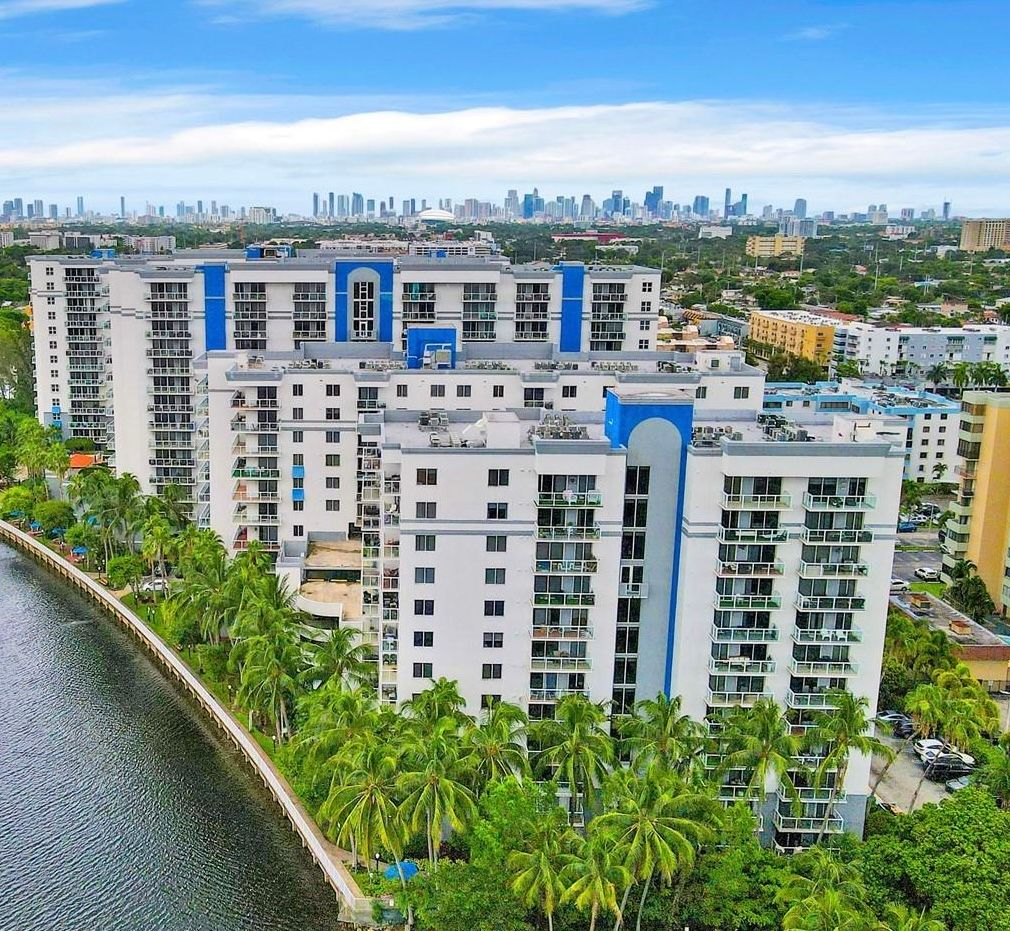 Blue Lagoon condominium buildings on the lake in Miami
